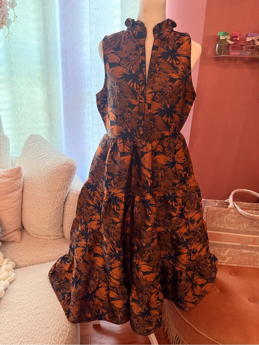 Fate Sleeveless Midi Dress in Rust Floral on Black